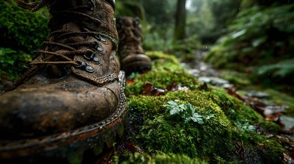 Low-angle, close-up of hiking boots on a lush, mossy forest trail. Morning dew on the moss enhances the adventurous theme of exploration.