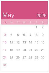 Pink May 2026 Calendar page isolated on white background, Saved clipping path.