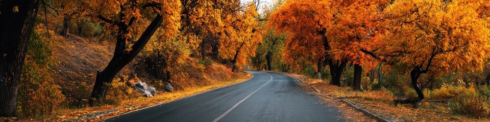 Obraz premium Tranquil Autumn Road. Vibrant Fall Colors and Scenic Landscape for Website Banner