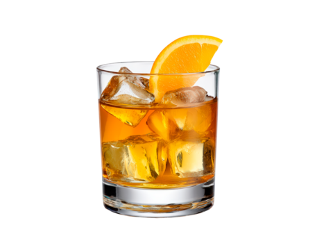 Classic old fashioned cocktail with orange slice and ice on transparent background