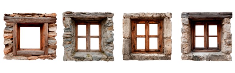 Rustic stone windows with wooden frames in varied designs on transparent background
