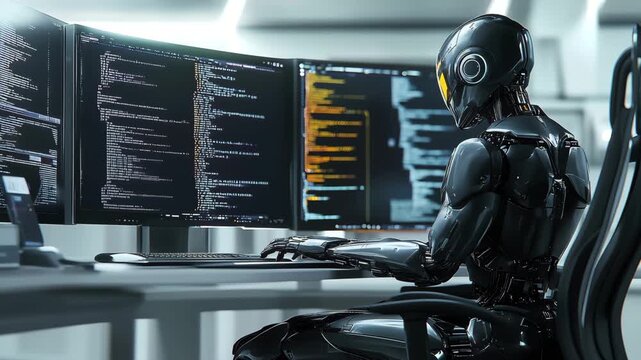 Robot programmer working on multiple computer screens with code coding