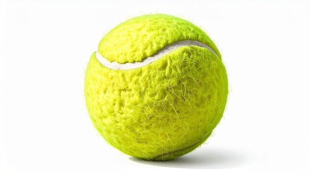 Describe a yellow tennis ball with fuzzy texture and white curved seam, placed on a white background. Highlight its sporty design and relevance to tennis, fitness, and athletic gear.