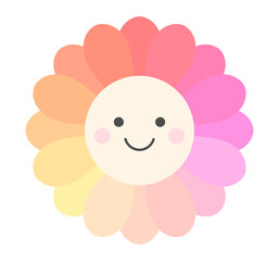 Colorful cute flower with smile. Pastel colors gradient petals. Childish style PNG illustration.