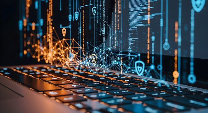 Abstract futuristic data stream flowing over a keyboard creating a digital network cyber security concept