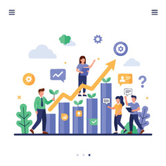 An illustrated depiction of business people collaborating to achieve growth and success, represented by a rising bar graph and optimistic symbols in a modern, flat design.