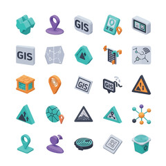 Collection of isometric icons representing geospatial information system (GIS) concepts and tools for mapping and navigation