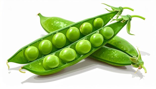Describe several green pea pods, some opened to reveal round peas, with a few loose peas scattered on a white background. Highlight their fresh texture and relevance to cooking and nutrition.
