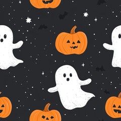 Fototapeta premium halloween seamless pattern with ghosts and pumpkins illustration