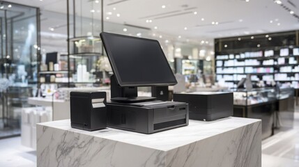 Modern point-of-sale system on a elegant marble counter in a luxury retail store