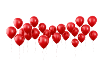 Floating cluster of red balloons on transparent background