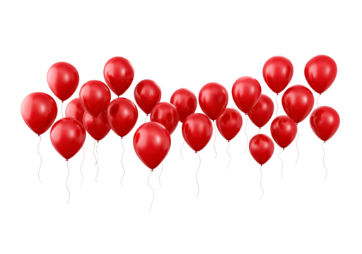 Floating cluster of red balloons on transparent background