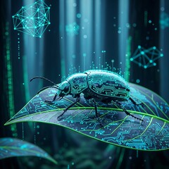 A futuristic beetle with circuit patterns on its shell sits on a leaf, surrounded by floating geometric shapes, representing the integration of nature and technology