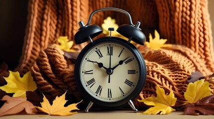 Alarm clock and autumn leaves with clothes on wooden background. Daylight saving time end
