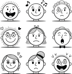 Cartoon Faces with Different Emotions Black and White Doodle Style Illustration