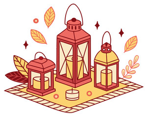 Lanterns and candles for Thanksgiving dinner table, cozy holiday illustration isolated on white background