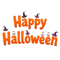 Happy Halloween Typography Vector with Witch Hats and White Pumpkin Icons