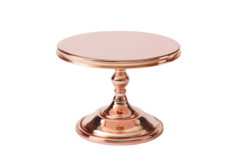 A shiny rose gold metal cake stand with a pedestal base, isolated on transparent background