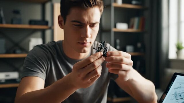 A boy holds a small object, concentrating intensely on assembling it. The boy's hands work carefully as the boy constructs a model on a table in a room.