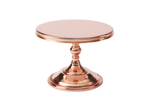 A shiny rose gold metal cake stand with a pedestal base, isolated on transparent background