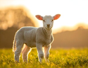 Fototapeta premium Lamb stands in a field, illuminated by warm sunlight