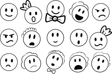 Collection of expressive emoticons and smiley faces in black and white
