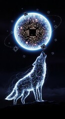 A digital wolf howls at a moon made of circuit boards, surrounded by floating cubes, symbolizing the fusion of nature and technology in a futuristic world