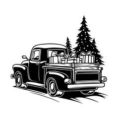 Silhouette of vintage pickup, truck with Christmas tree. Vector illustration