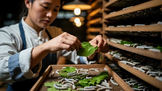 Female Chinese silk farmer feeds mulberry leaves to silkworms in traditional rearing setup