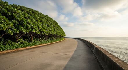 Curving coastal path lined with lush greenery beside the ocean