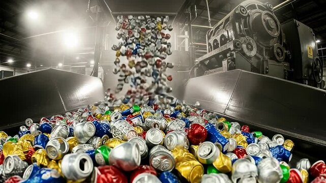 Crushed aluminum cans tumble onto conveyor belt heading to the crushing machine in aluminum recycling facility