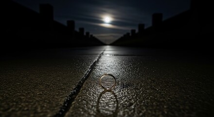 Dark city street illuminated by full moon at night