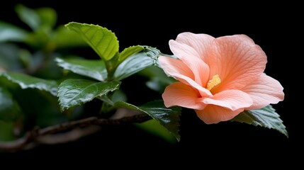 Fototapeta premium Peach bloom amidst vibrant green foliage