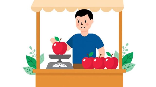 A cheerful vendor stands behind his market stall, carefully weighing a large, red apple while other fresh produce sits ready for sale, creating a scene of a local farmers market.