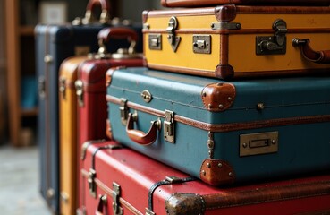 Colorful vintage suitcases stacked together in a cozy indoor setting