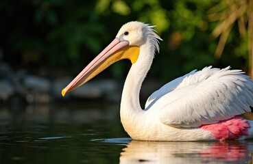 Obraz premium A pelican gliding on calm water with lush green foliage in the background