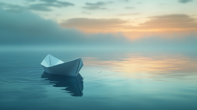A tranquil scene featuring a paper boat drifting on smooth water, inviting thoughts of adventure and peace