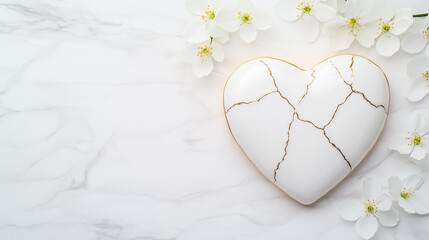 A pristine heart-shaped ceramic piece with subtle cracks, adorned with delicate flowers, symbolizing the beauty of love and tenderness