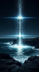 A mesmerizing digital waterfall cascades into the ocean, illuminated by ethereal blue light, creating a surreal and captivating scene of nature meeting technology