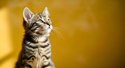 Fototapeta premium Cute banner with cat looking up on yellow background