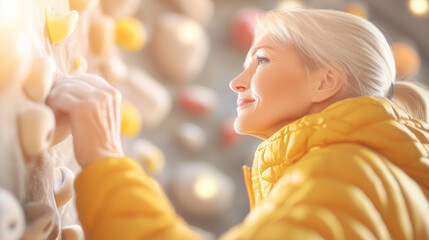 A close-up of a smiling woman rock climbing, focused and determined, showcasing strength and passion in a vibrant climbing gym