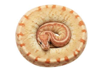 Isolated albino ball python curled up ready to strike, pet snake on smooth surface, exotic animal