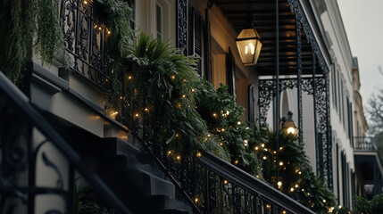 the balcony of a house in Louisiana. Charming balcony adorned with lush greenery and warm fairy lights, offering a cozy atmosphere in an urban setting