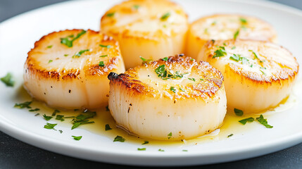 A gourmet dish featuring perfectly seared scallops, vibrant vegetables, and a touch of elegance