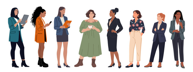 Flat vector illustration of diverse business women standing together in modern professional outfits. Stylish team concept representing empowerment, leadership, and workplace diversity