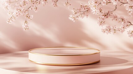 Pastel pink cherry blossom podium, empty display, spring