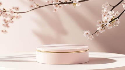 Pink podium with cherry blossoms, soft light, product display