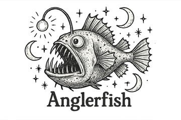 Obraz premium Mystical Anglerfish Art. Hand-drawn deep sea anglerfish with moons, sparks, and sparkles, center word “Anglerfish” in black and