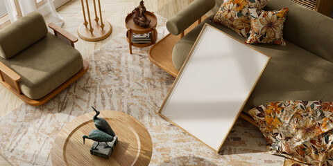 Natural japandi living room interior with olive sofa and warm wood furniture. Mock up poster frame in modern living room. 3D illustration.