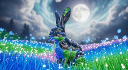 A colorful rabbit sits in a field of glowing flowers under a full moon, creating a whimsical and magical scene with a dreamlike atmosphere